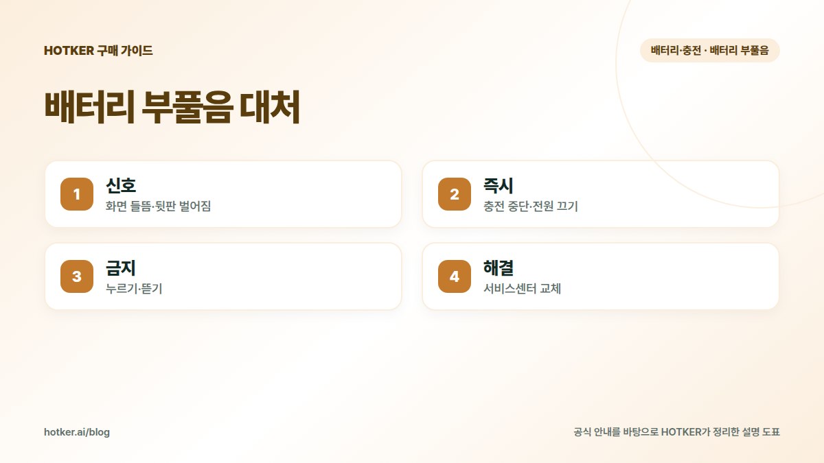 배터리 부풀음 대처: 신호 — 화면 들뜸·뒷판 벌어짐, 즉시 — 충전 중단·전원 끄기, 금지 — 누르기·뜯기, 해결 — 서비스센터 교체