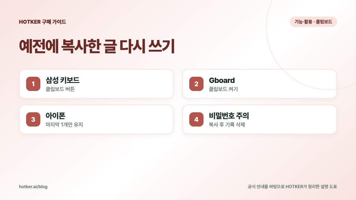 예전에 복사한 글 다시 쓰기: 삼성 키보드 — 클립보드 버튼, Gboard — 클립보드 켜기, 아이폰 — 마지막 1개만 유지, 비밀번호 주의 — 복사 후 기록 삭제