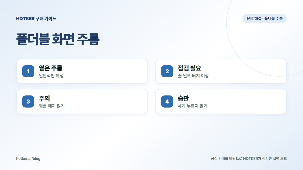 폴더블 화면 주름: 옅은 주름 — 일반적인 특성, 점검 필요 — 줄·얼룩·터치 이상, 주의 — 필름 떼지 않기, 습관 — 세게 누르지 않기