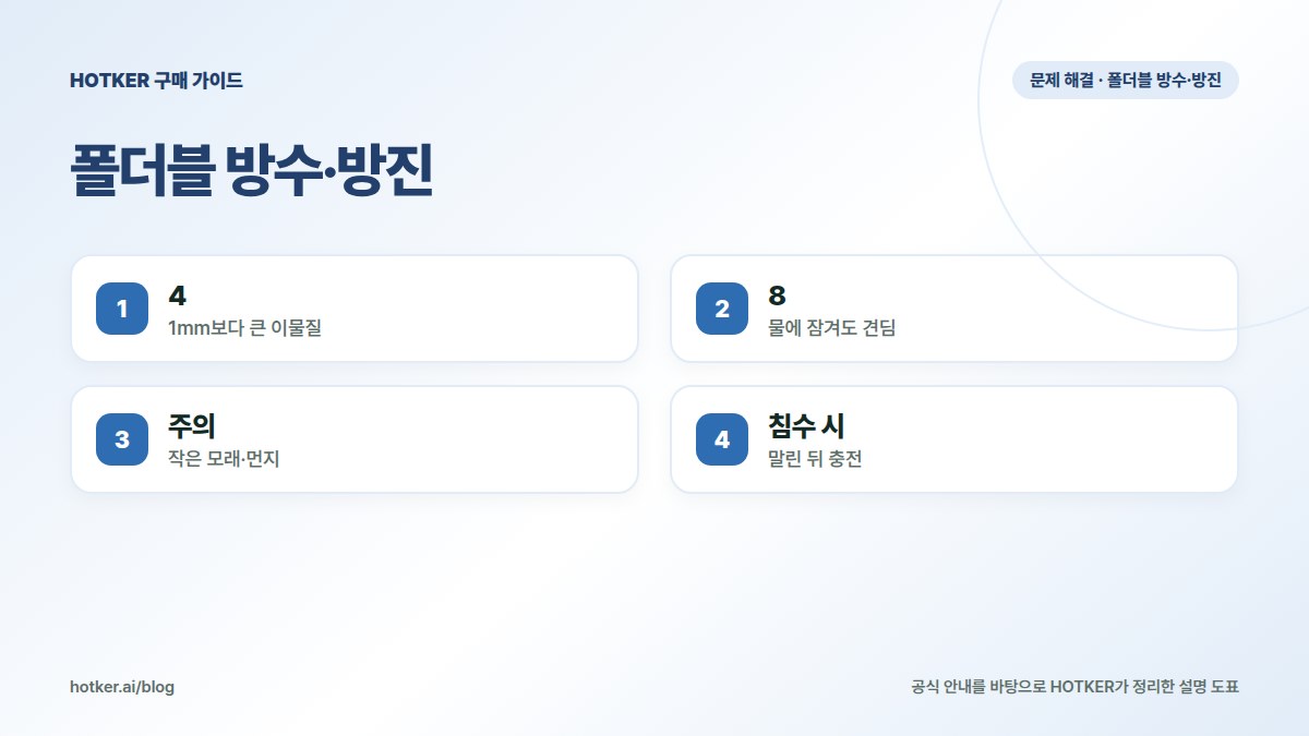 폴더블 방수·방진: 4 — 1mm보다 큰 이물질, 8 — 물에 잠겨도 견딤, 주의 — 작은 모래·먼지, 침수 시 — 말린 뒤 충전