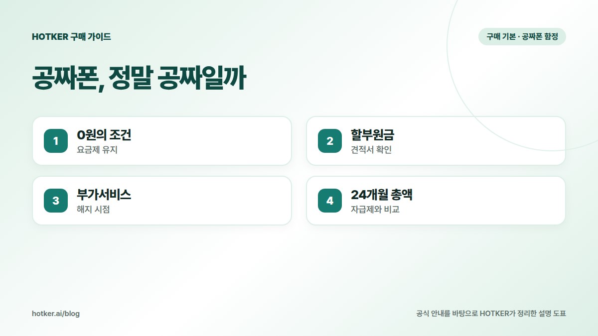 공짜폰, 정말 공짜일까: 0원의 조건 — 요금제 유지, 할부원금 — 견적서 확인, 부가서비스 — 해지 시점, 24개월 총액 — 자급제와 비교