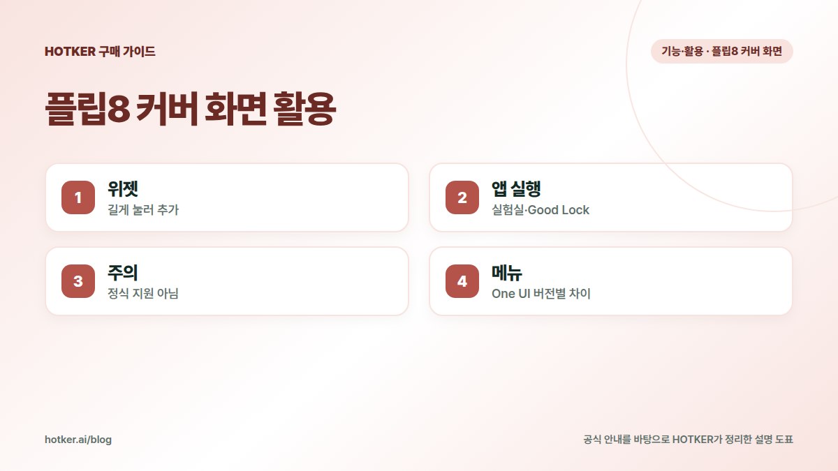 플립8 커버 화면 활용: 위젯 — 길게 눌러 추가, 앱 실행 — 실험실·Good Lock, 주의 — 정식 지원 아님, 메뉴 — One UI 버전별 차이