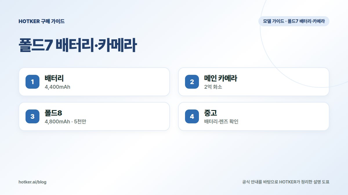 폴드7 배터리·카메라: 배터리 — 4,400mAh, 메인 카메라 — 2억 화소, 폴드8 — 4,800mAh · 5천만, 중고 — 배터리·렌즈 확인