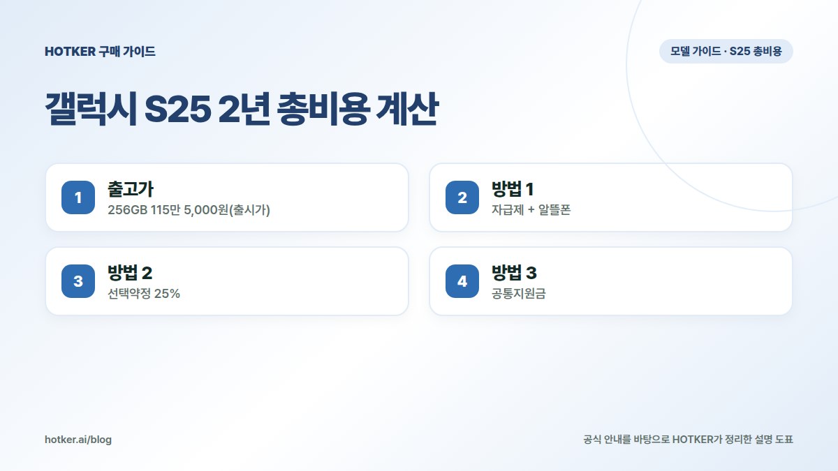 갤럭시 S25 2년 총비용 계산: 출고가 — 256GB 115만 5,000원(출시가), 방법 1 — 자급제 + 알뜰폰, 방법 2 — 선택약정 25%, 방법 3 — 공통지원금