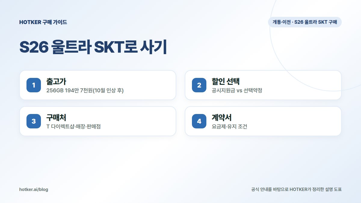 S26 울트라 SKT로 사기: 출고가 — 256GB 194만 7천원(10월 인상 후), 할인 선택 — 공시지원금 vs 선택약정, 구매처 — T 다이렉트샵·매장·판매점, 계약서 — 요금제·유지 조건