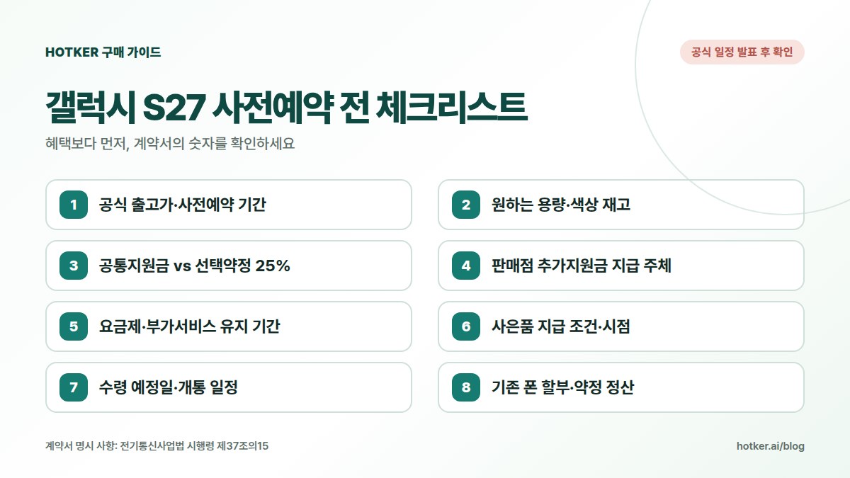 갤럭시 S27 사전예약 전 체크리스트 8가지: 공식 출고가, 용량·색상, 지원금 지급 주체, 요금제 유지 기간, 사은품 조건, 수령일, 기존 폰 정산, 계약서 필수 항목