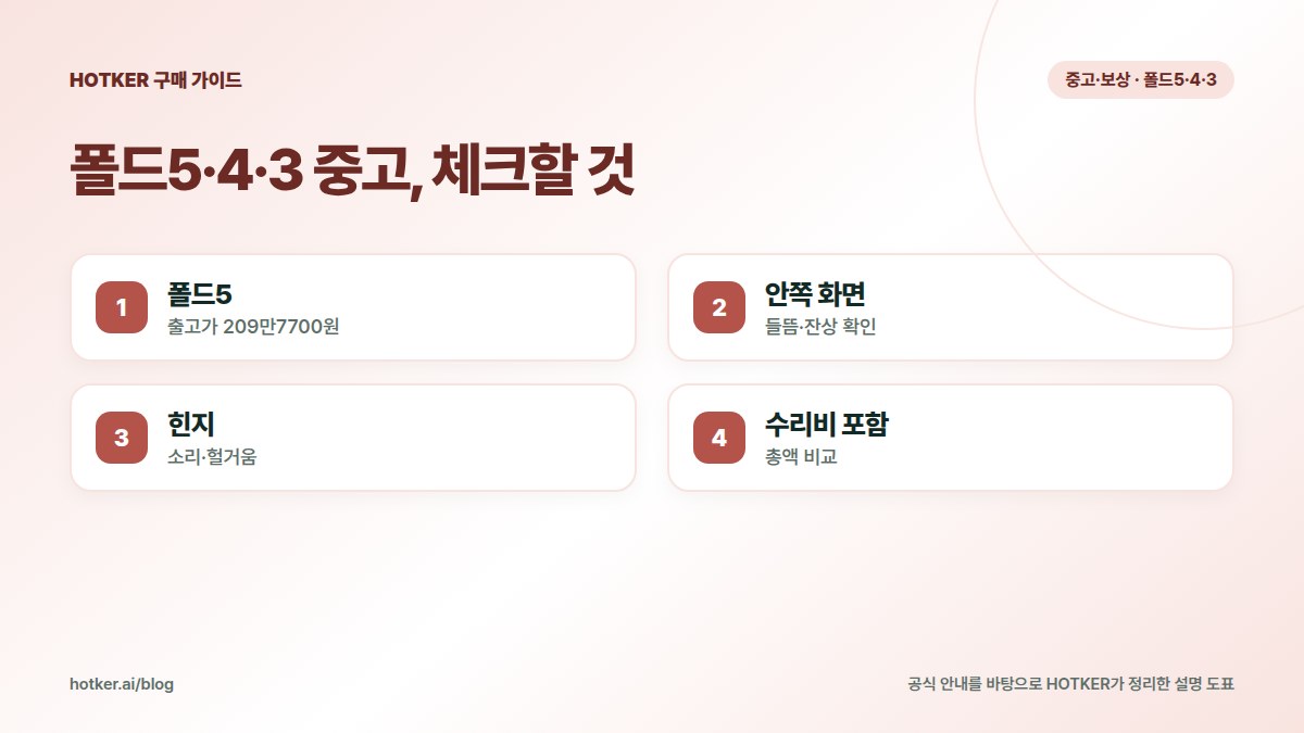 폴드5·4·3 중고, 체크할 것: 폴드5 — 출고가 209만7700원, 안쪽 화면 — 들뜸·잔상 확인, 힌지 — 소리·헐거움, 수리비 포함 — 총액 비교