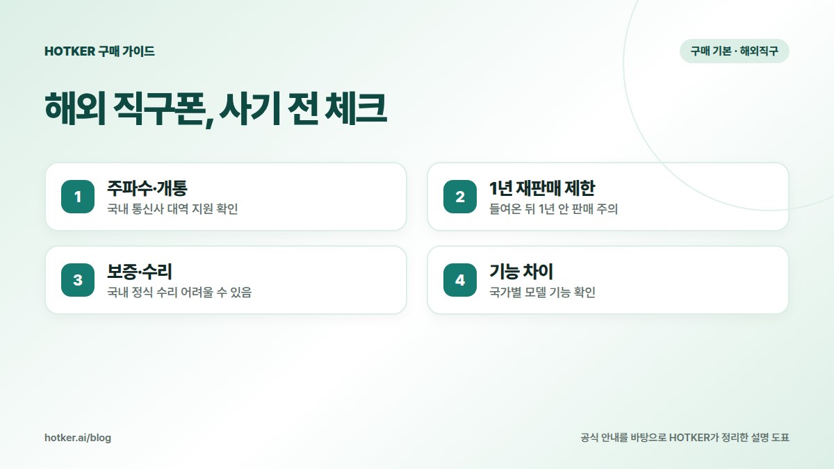 해외 직구폰, 사기 전 체크: 주파수·개통 — 국내 통신사 대역 지원 확인, 1년 재판매 제한 — 들여온 뒤 1년 안 판매 주의, 보증·수리 — 국내 정식 수리 어려울 수 있음, 기능 차이 — 국가별 모델 기능 확인