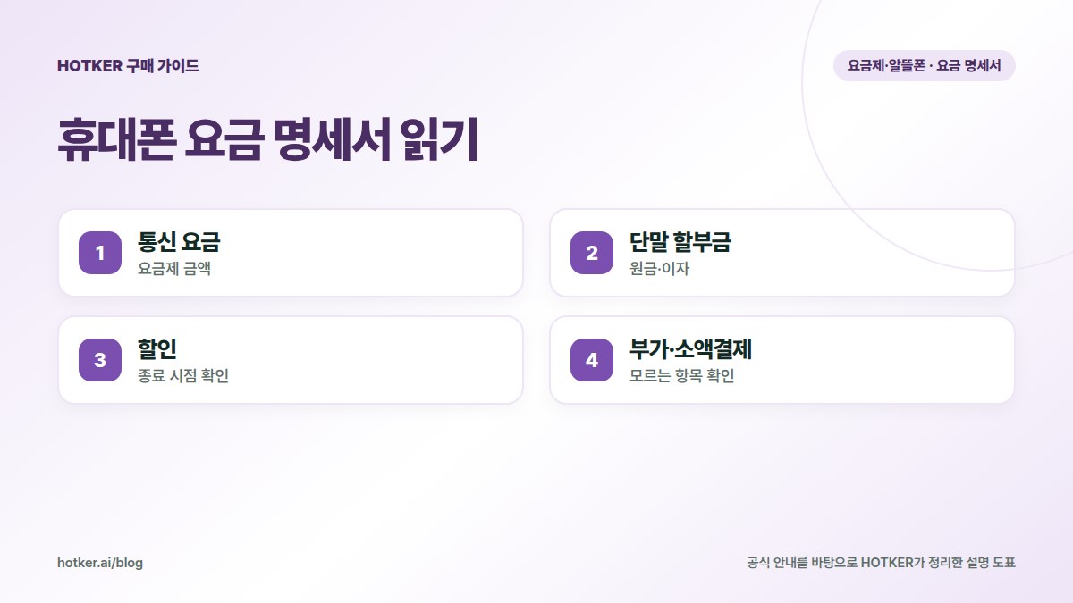 휴대폰 요금 명세서 읽기: 통신 요금 — 요금제 금액, 단말 할부금 — 원금·이자, 할인 — 종료 시점 확인, 부가·소액결제 — 모르는 항목 확인