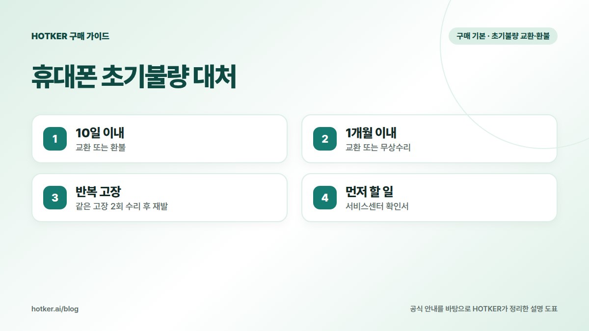 휴대폰 초기불량 대처: 10일 이내 — 교환 또는 환불, 1개월 이내 — 교환 또는 무상수리, 반복 고장 — 같은 고장 2회 수리 후 재발, 먼저 할 일 — 서비스센터 확인서