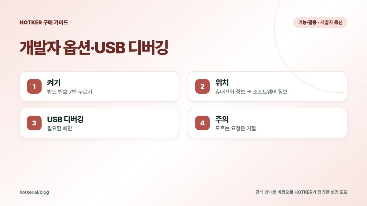 개발자 옵션·USB 디버깅: 켜기 — 빌드 번호 7번 누르기, 위치 — 휴대전화 정보 → 소프트웨어 정보, USB 디버깅 — 필요할 때만, 주의 — 모르는 요청은 거절