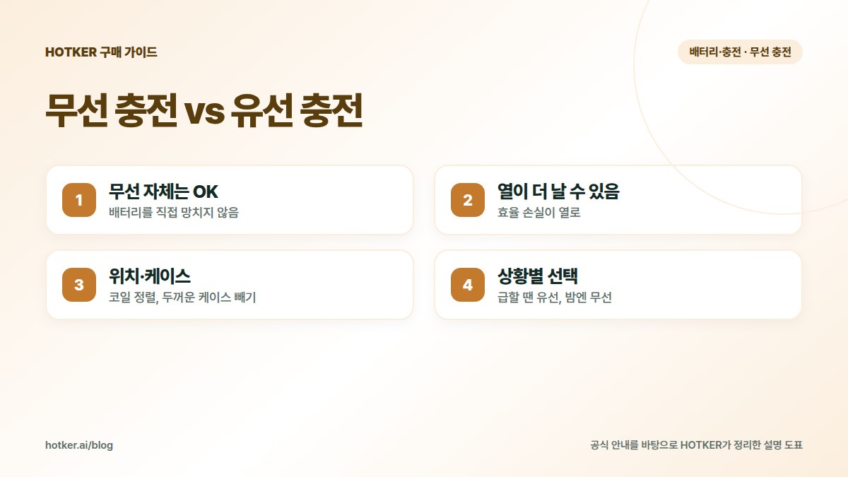 무선 충전 vs 유선 충전: 무선 자체는 OK — 배터리를 직접 망치지 않음, 열이 더 날 수 있음 — 효율 손실이 열로, 위치·케이스 — 코일 정렬, 두꺼운 케이스 빼기, 상황별 선택 — 급할 땐 유선, 밤엔 무선
